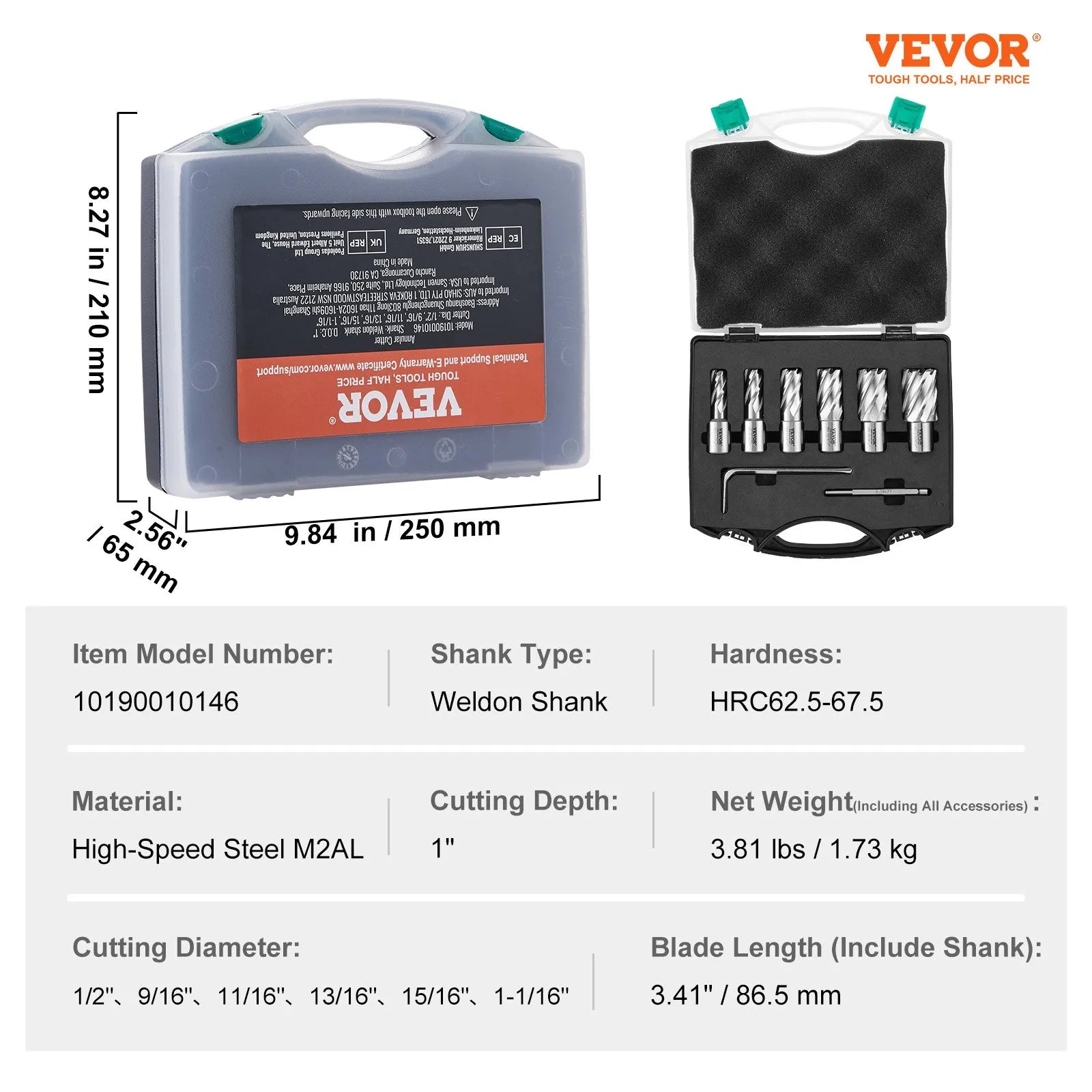 VEVOR Annular Cutter Set, 6 pcs Weldon Shank Mag Drill Bits, 1