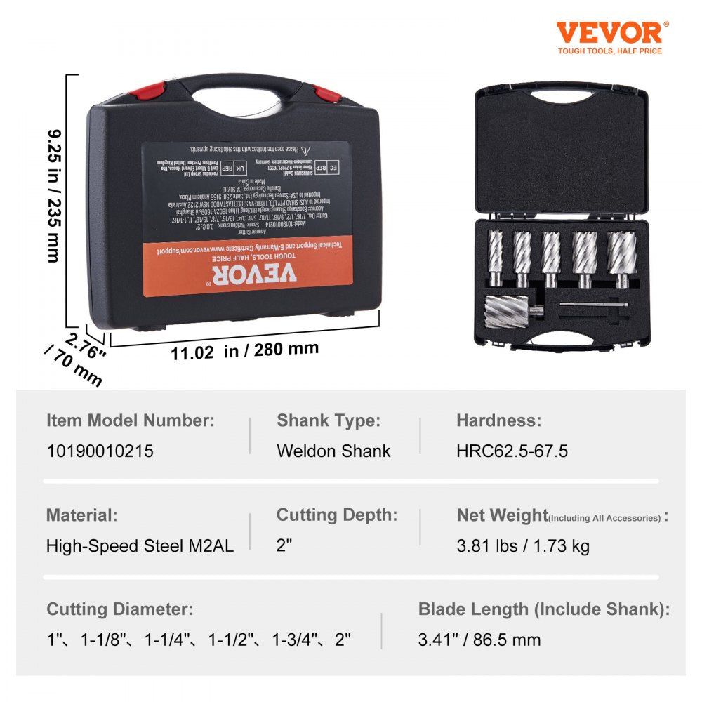 VEVOR Annular Cutter Set, 6 pcs Weldon Shank Mag Drill Bits, 2