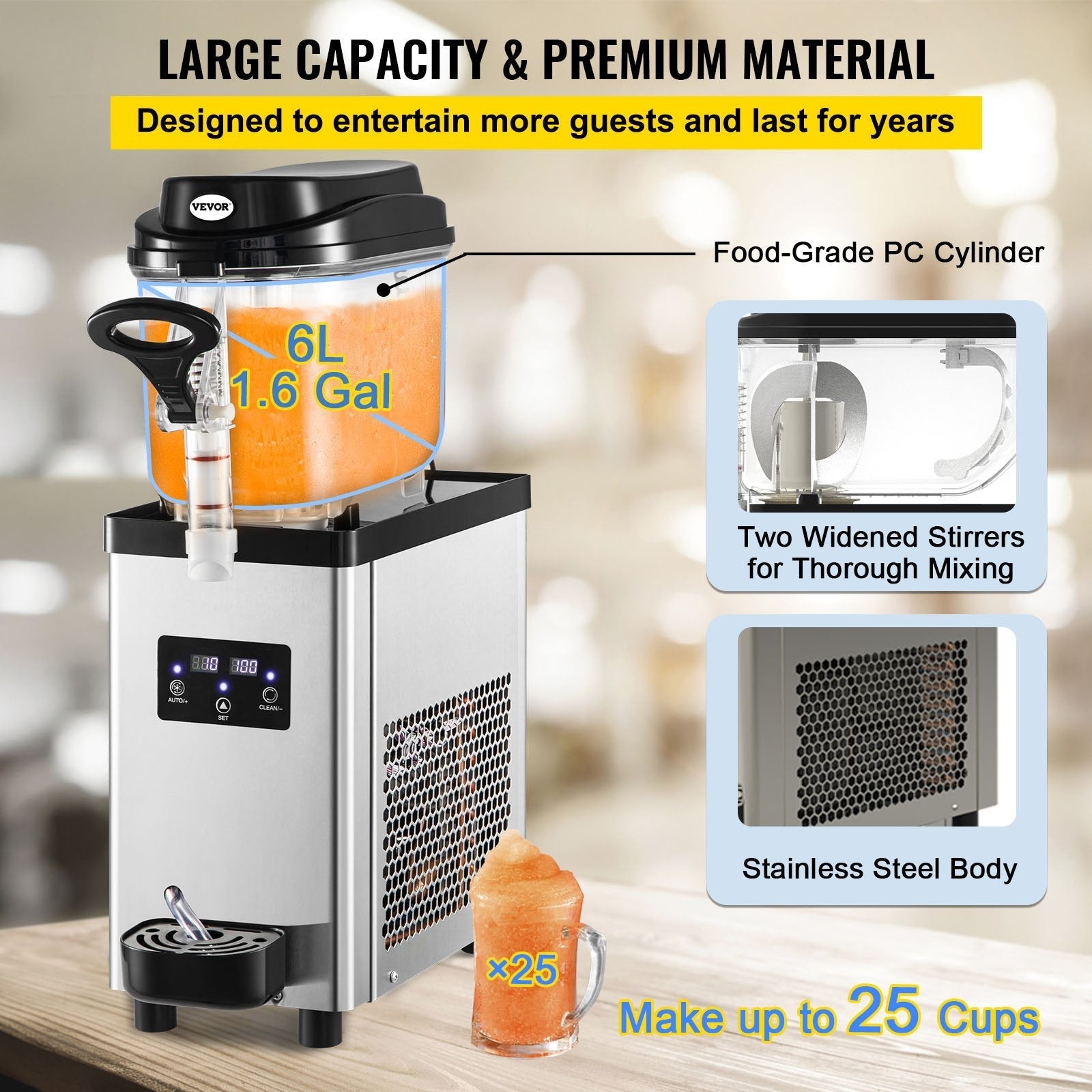 VEVOR Commercial Slushy Machine, 6L/1.6 Gallons 25 Cups Single-Bowl, 705W 110V, Stainless Steel Margarita Smoothie Frozen Drink Maker, Slushie Machine for Supermarkets Cafes Restaurants Bars Home Use