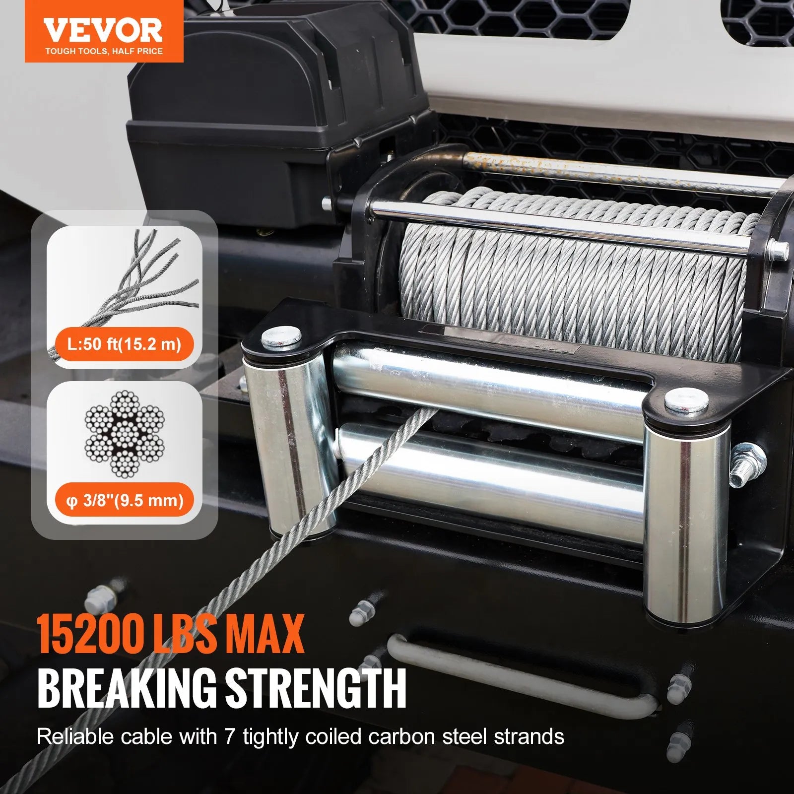 VEVOR Galvanized Steel Winch Cable, 3/8 Inch x 50 Feet 15,200 lbs Breaking Strength, Wire Winch Rope with Swivel Hook, Towing Cable Heavy Duty, Universal Fit for SUV, Large Off-Road Vehicle, Truck