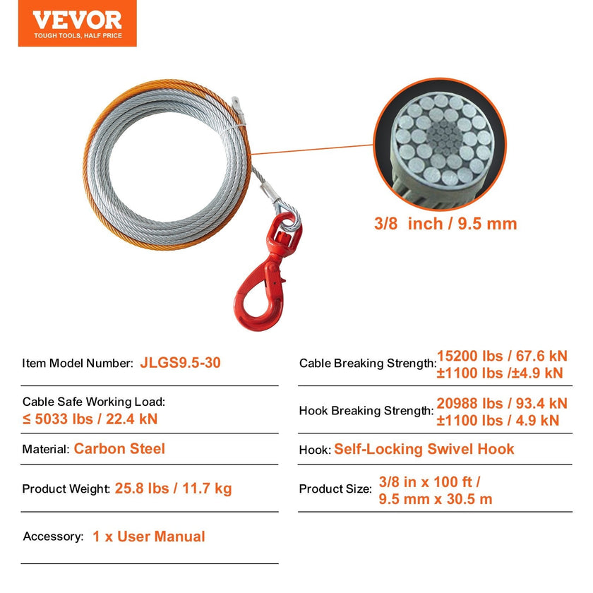 VEVOR Galvanized Steel Winch Cable, 3/8 Inch x 100 Feet 15,200 lbs Breaking Strength, Wire Winch Rope with Swivel Hook, Towing Cable Heavy Duty, Universal Fit for SUV, Large Off-Road Vehicle, Truck