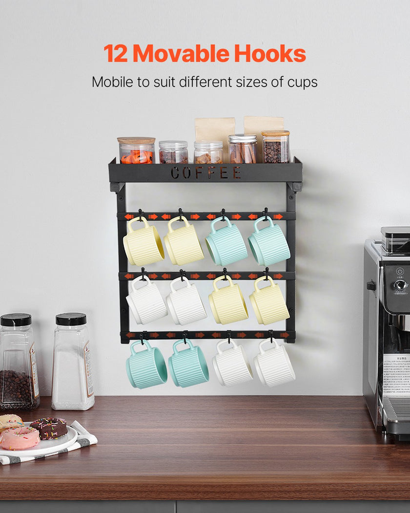 VEVOR Coffee Mug Holder Wall Mounted w/ 12 Movable Hooks and Top Shelf Cup Rack