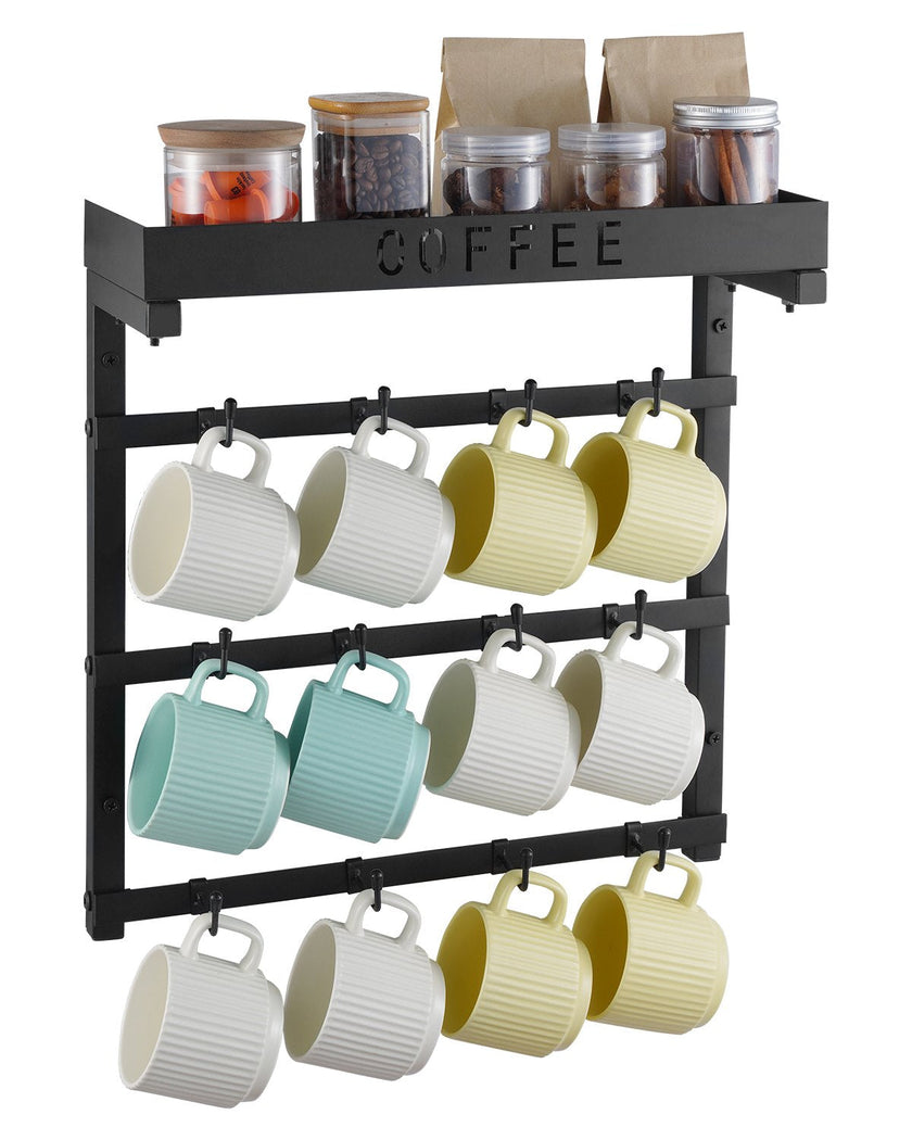 VEVOR Coffee Mug Holder Wall Mounted w/ 12 Movable Hooks and Top Shelf Cup Rack