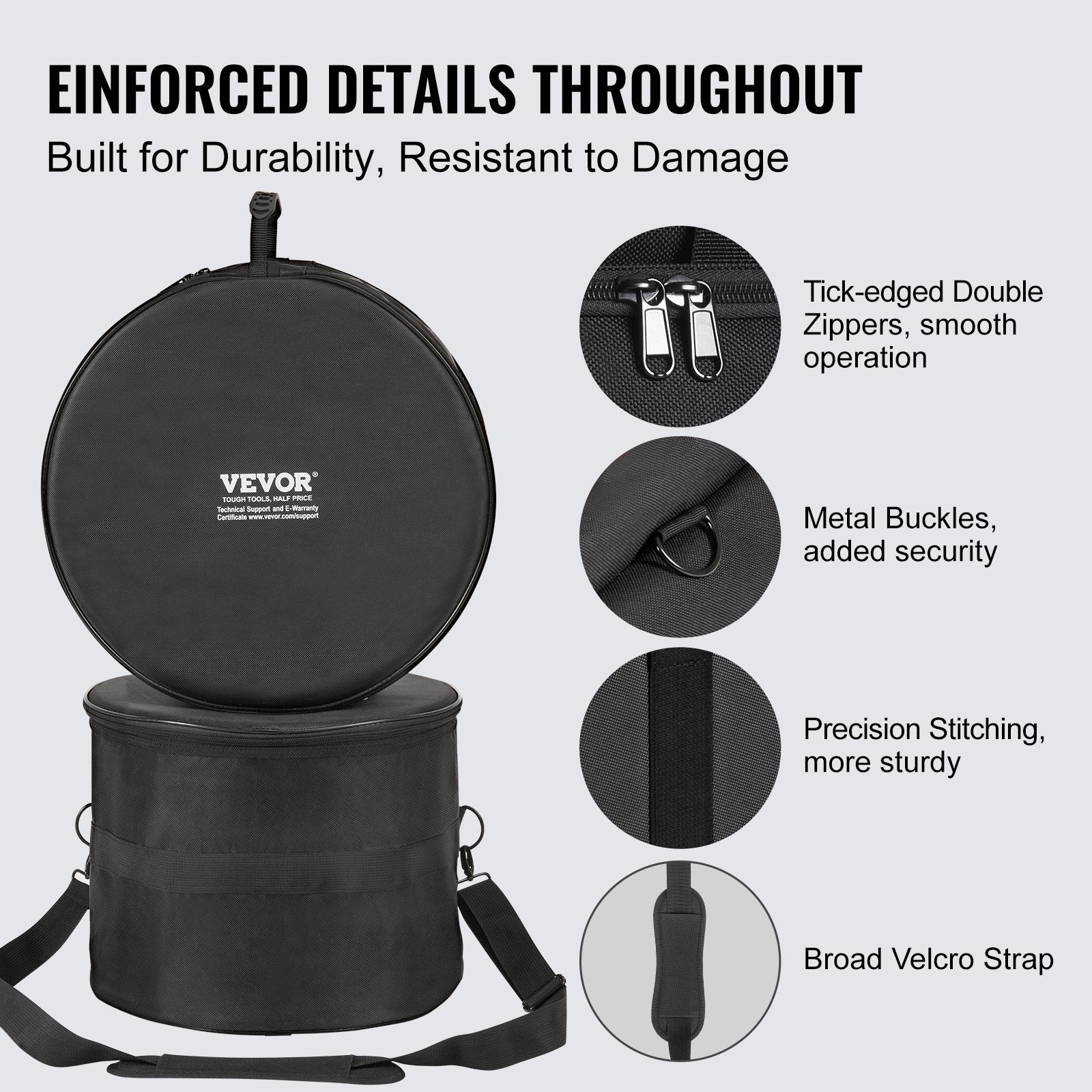 VEVOR 5-Piece Drum Bag Set, 1680D Oxford Fabric, Padded Drum Bags and Cases with 4.92 ft Detachable Shoulder Strap Carry Handles Foldable Design, for 22'' Kick 12'' Tom 13'' Tom 16'' Tom 14'' Snare