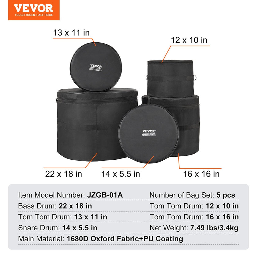 VEVOR 5-Piece Drum Bag Set, 1680D Oxford Fabric, Padded Drum Bags and Cases with 4.92 ft Detachable Shoulder Strap Carry Handles Foldable Design, for 22'' Kick 12'' Tom 13'' Tom 16'' Tom 14'' Snare