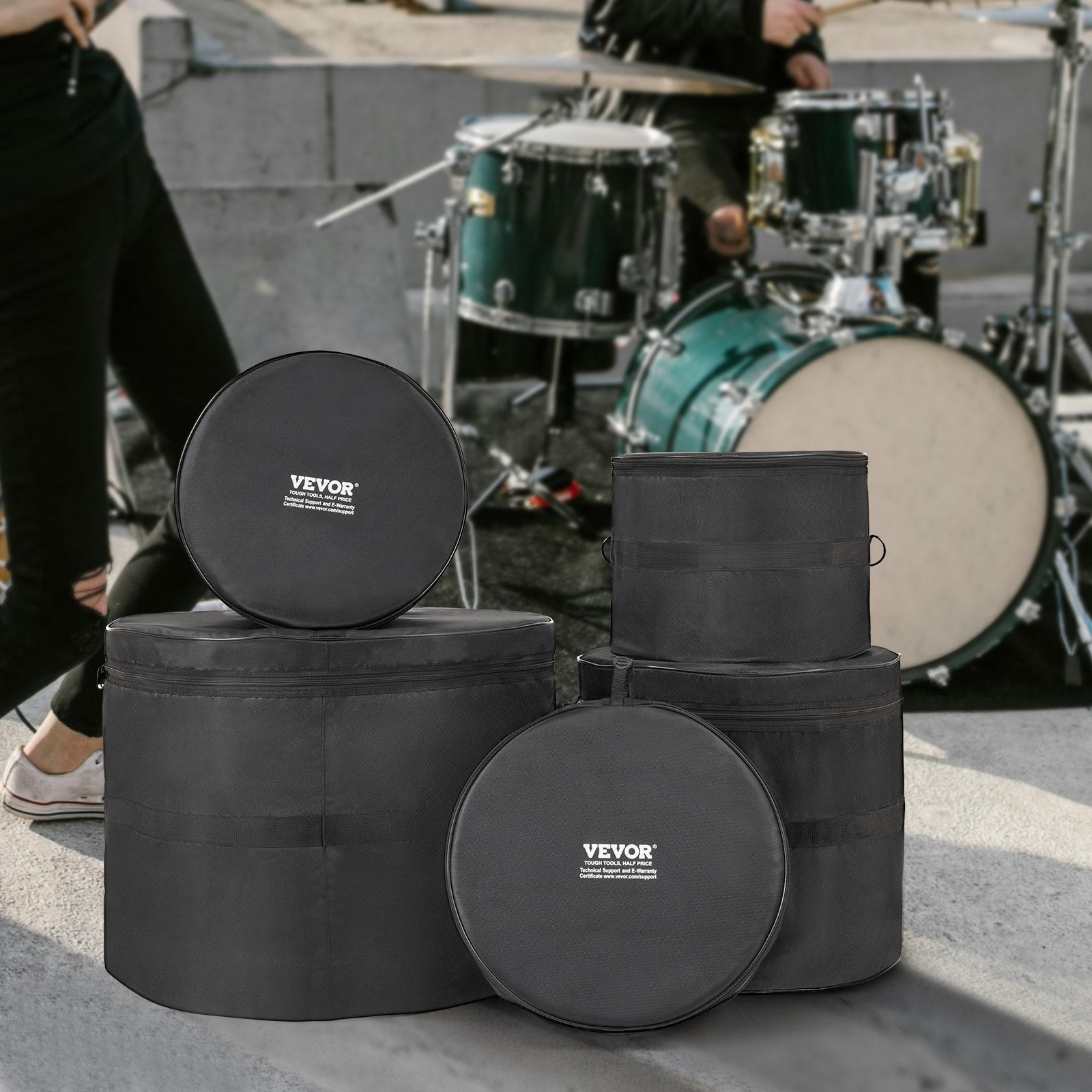 VEVOR 5-Piece Drum Bag Set, 1680D Oxford Fabric, Padded Drum Bags and Cases with 4.92 ft Detachable Shoulder Strap Carry Handles Foldable Design, for 22'' Kick 12'' Tom 13'' Tom 16'' Tom 14'' Snare