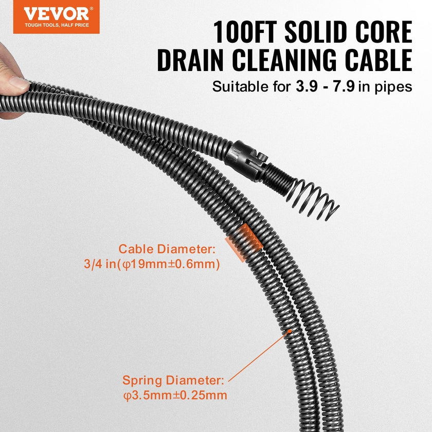 VEVOR Drain Cleaning Cable 100 FT x 3/4 Inch, Solid Core Steel Drain Cleaner Cable with 4 Cutters for 3.9