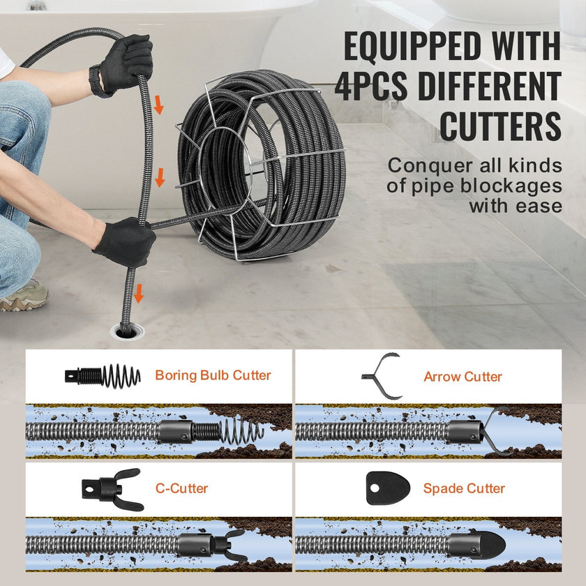 VEVOR Drain Cleaning Cable 100 FT x 3/4 Inch, Solid Core Steel Drain Cleaner Cable with 4 Cutters for 3.9