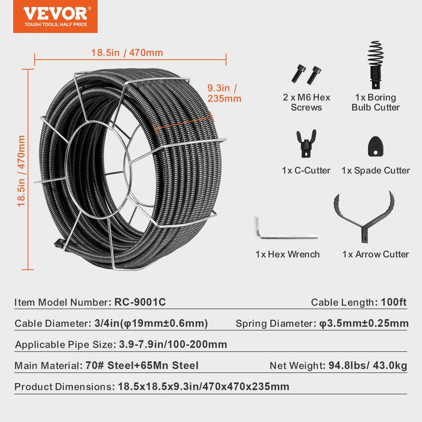 VEVOR Drain Cleaning Cable 100 FT x 3/4 Inch, Solid Core Steel Drain Cleaner Cable with 4 Cutters for 3.9