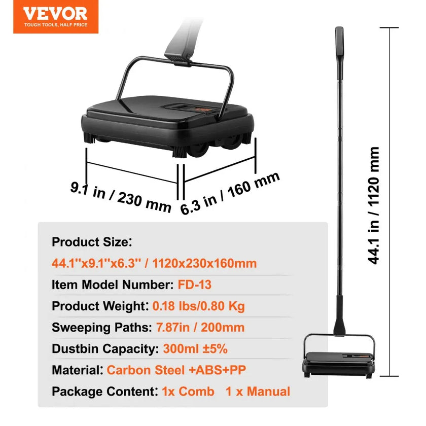 VEVOR Carpet Sweeper, 7.87 in Sweeping Paths, Floor Sweeper Manual Non Electric, 300 ml Dustbin Capacity with Comb for Home Office Rugs Hardwood Surfaces Wood Floors Laminate, Cleans Dust Pet Hair
