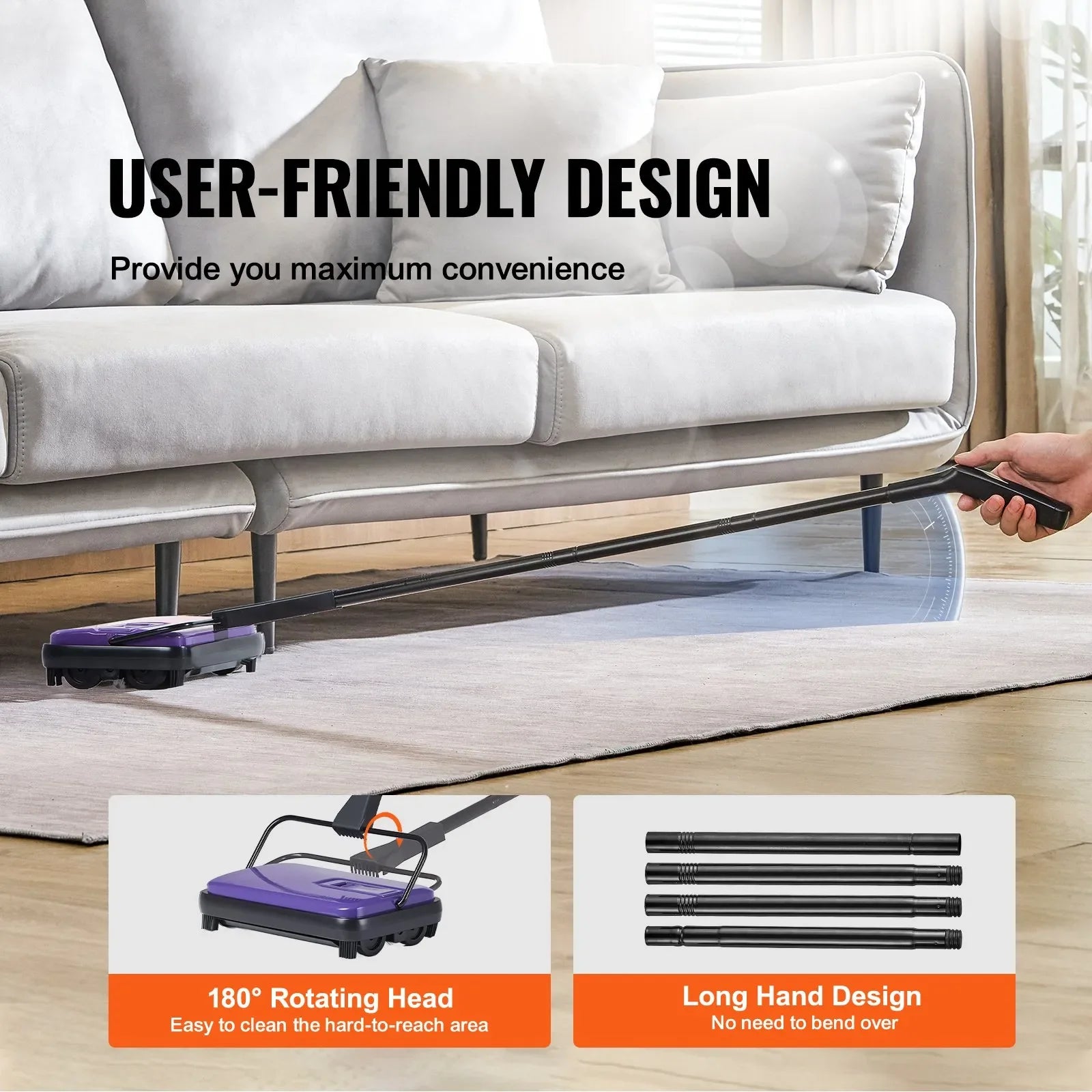 VEVOR Carpet Floor Sweeper Manual 6.7 inch Width Sweeping Paths Purple