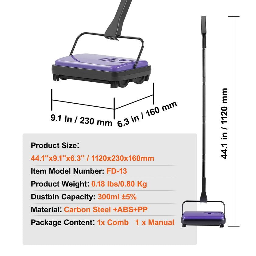 VEVOR Carpet Floor Sweeper Manual 6.7 inch Width Sweeping Paths Purple