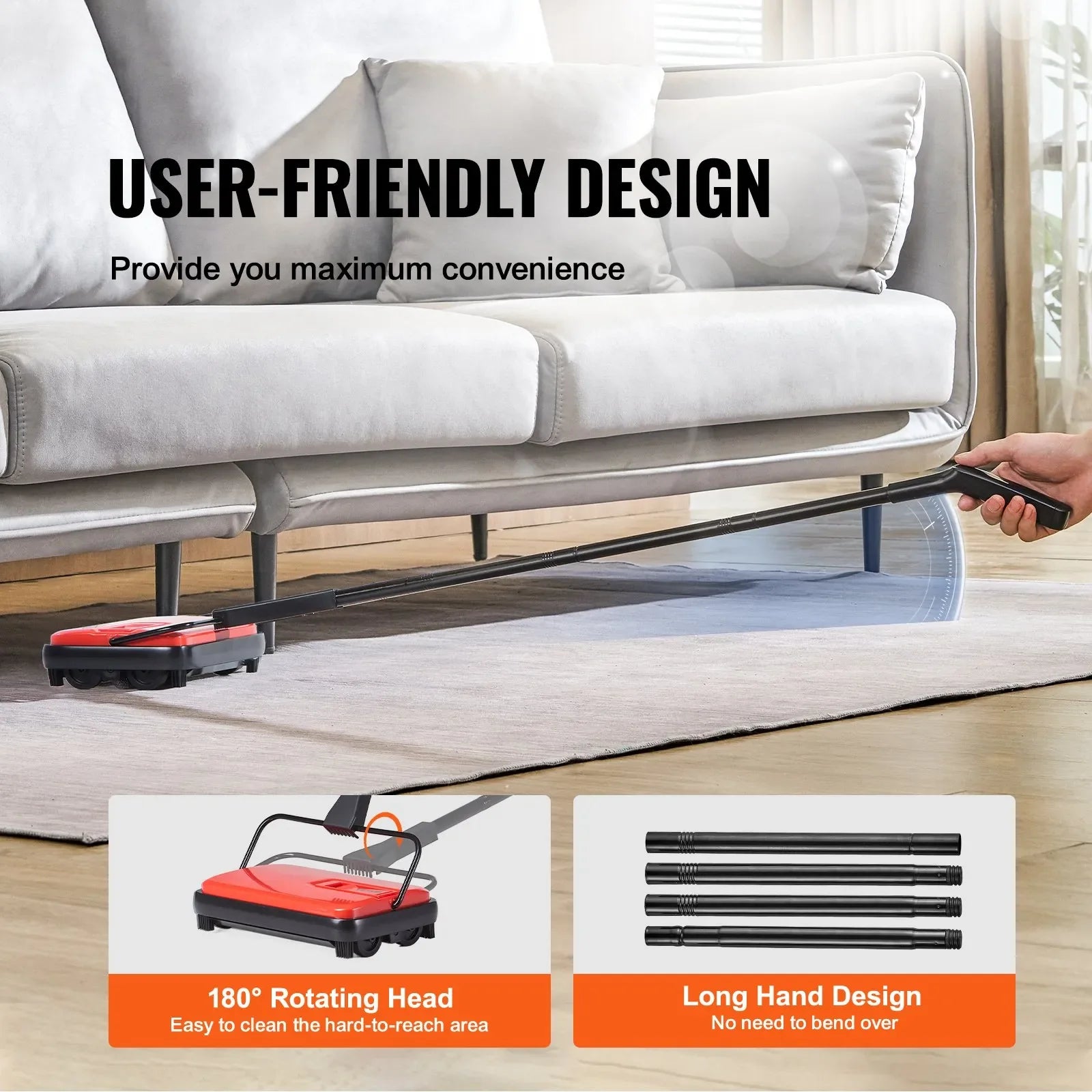 VEVOR Carpet Floor Sweeper Manual 6.7 inch Width Sweeping Paths Red