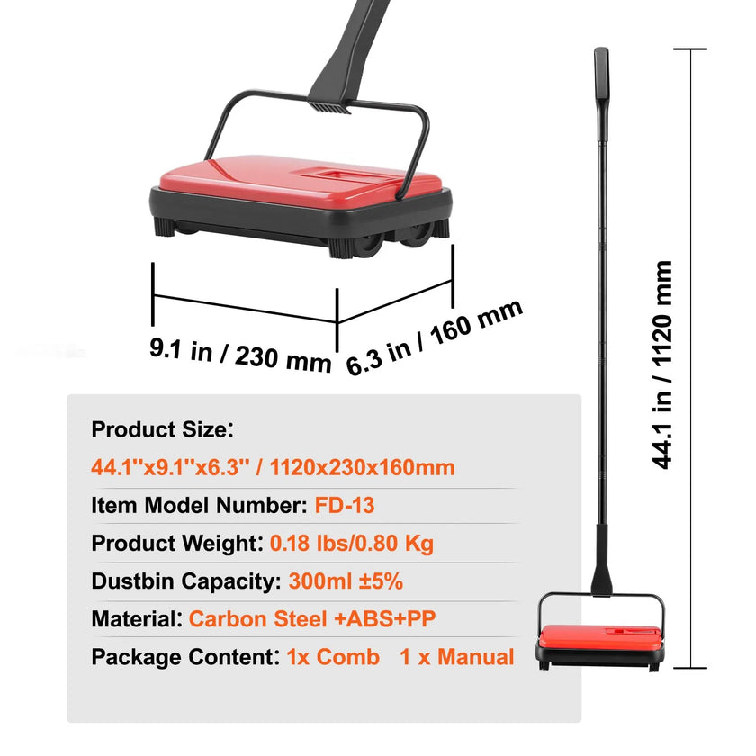 VEVOR Carpet Floor Sweeper Manual 6.7 inch Width Sweeping Paths Red
