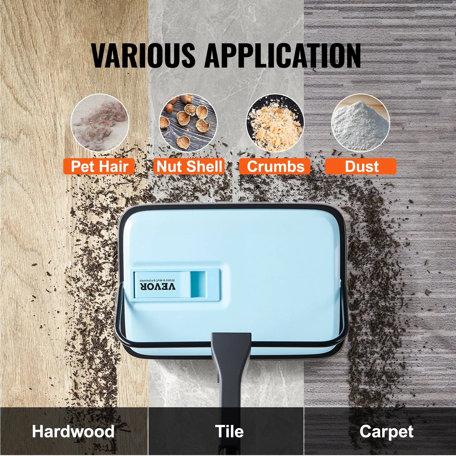 VEVOR Carpet Floor Sweeper Manual 6.7 inch Width Sweeping Paths Blue