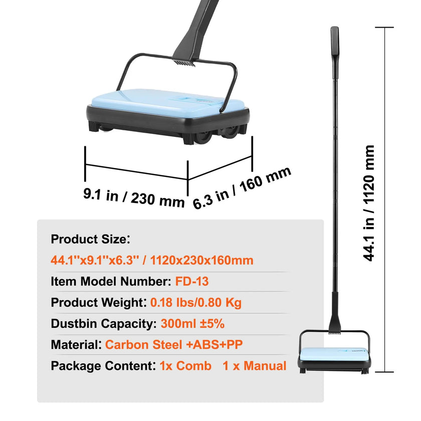VEVOR Carpet Floor Sweeper Manual 6.7 inch Width Sweeping Paths Blue