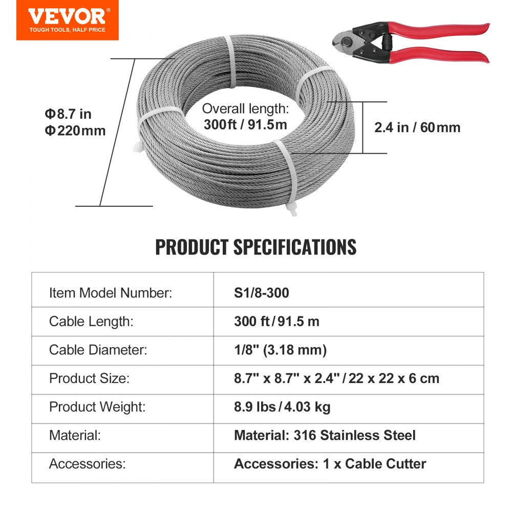 VEVOR T316 Deck Railing Cable, 1/8