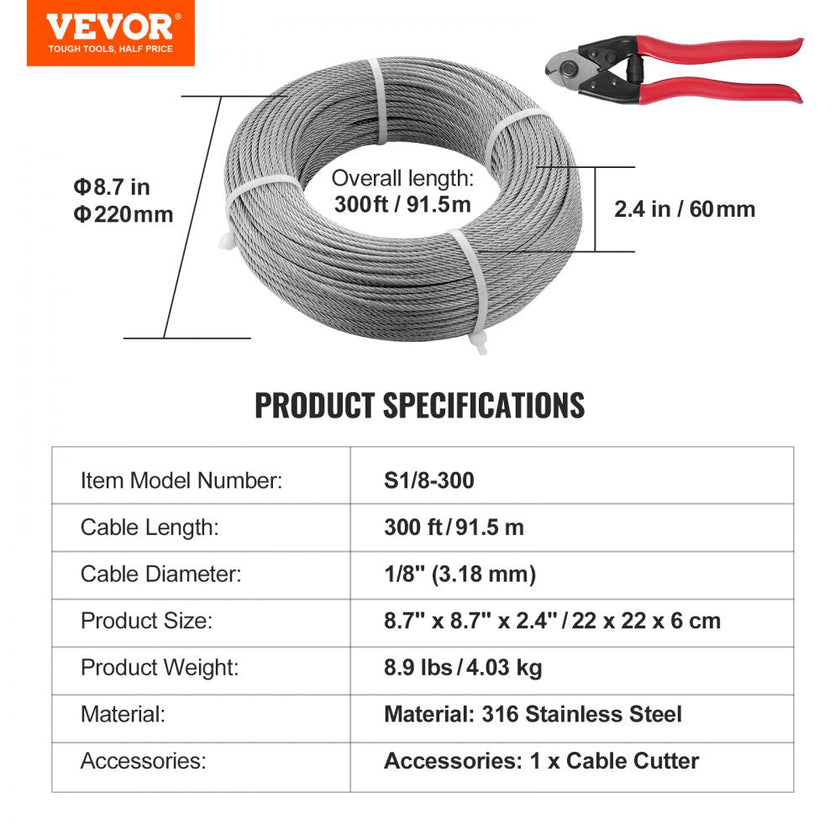 VEVOR T316 Deck Railing Cable, 1/8