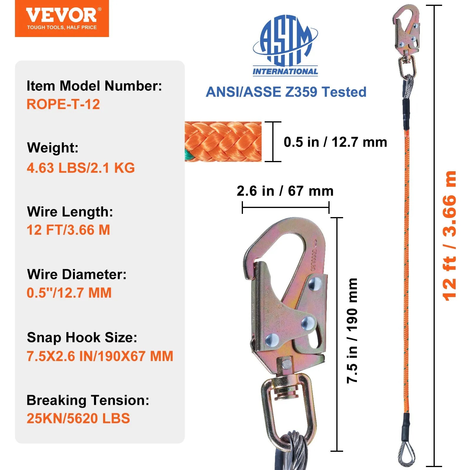VEVOR Steel Core flipline, 1/2