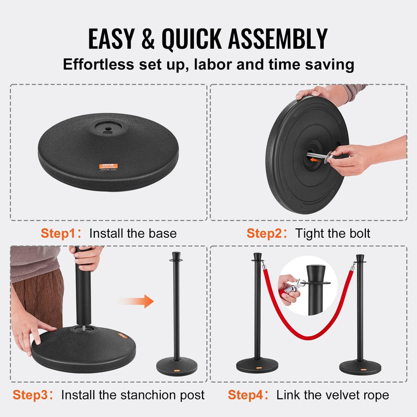 VEVOR Stanchion Posts with Velvet Ropes, 6-Pack Crowd Control Stanchion with 6PCS 5FT Red Velvet Ropes, Carbon Steel Baking Painted Queue Barrier Line Divider & Fillable Plastic Base for Wedding Party