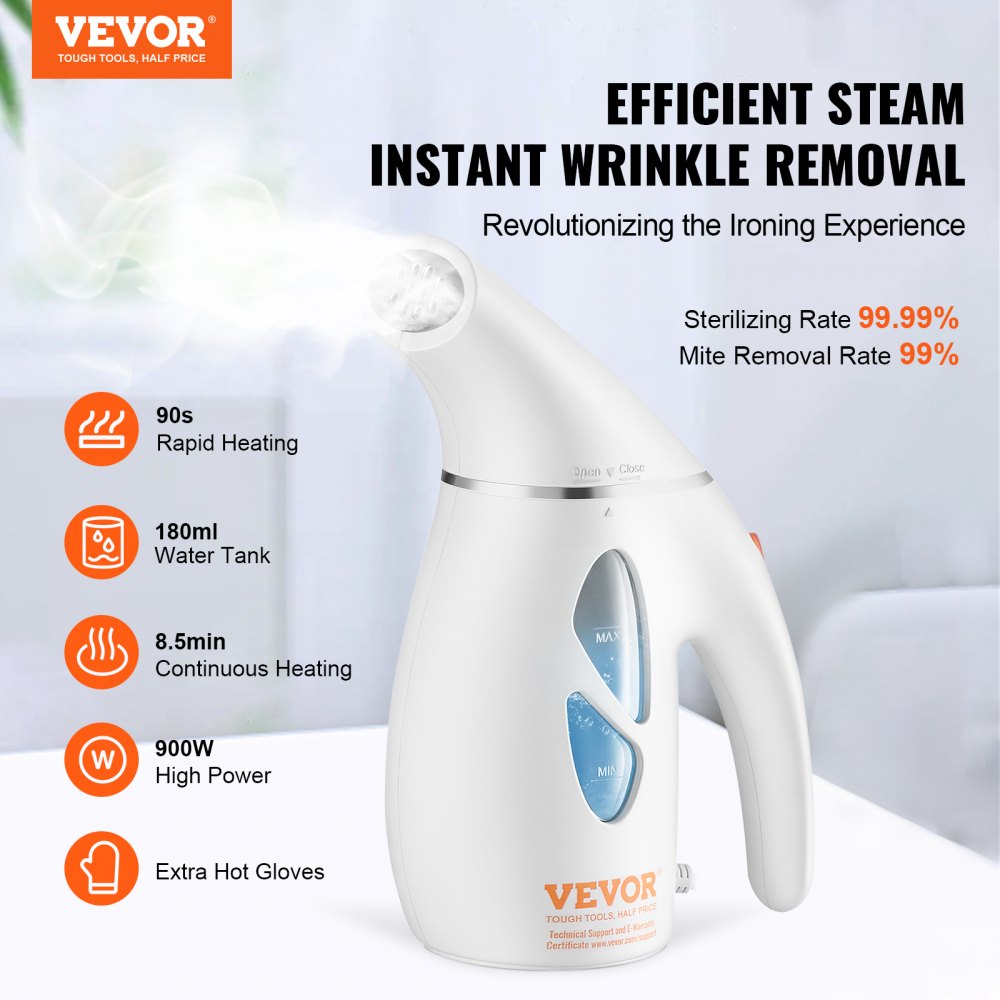VEVOR Portable Handheld Fabric Steamer, 900W Quick Heat Steamer for Clothes, Wrinkle Remover Clothing Iron Intelligent Controller & Auto-Off & Large Detachable Water Tank, With Gloves