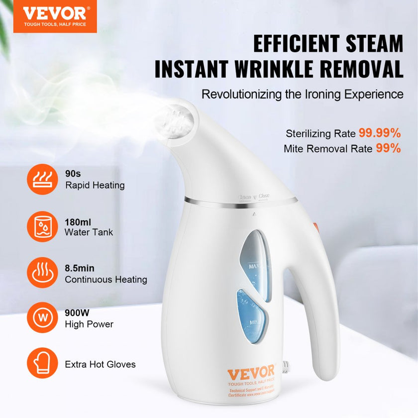 VEVOR Portable Handheld Fabric Steamer, 900W Quick Heat Steamer for Clothes, Wrinkle Remover Clothing Iron Intelligent Controller & Auto-Off & Large Detachable Water Tank, With Gloves