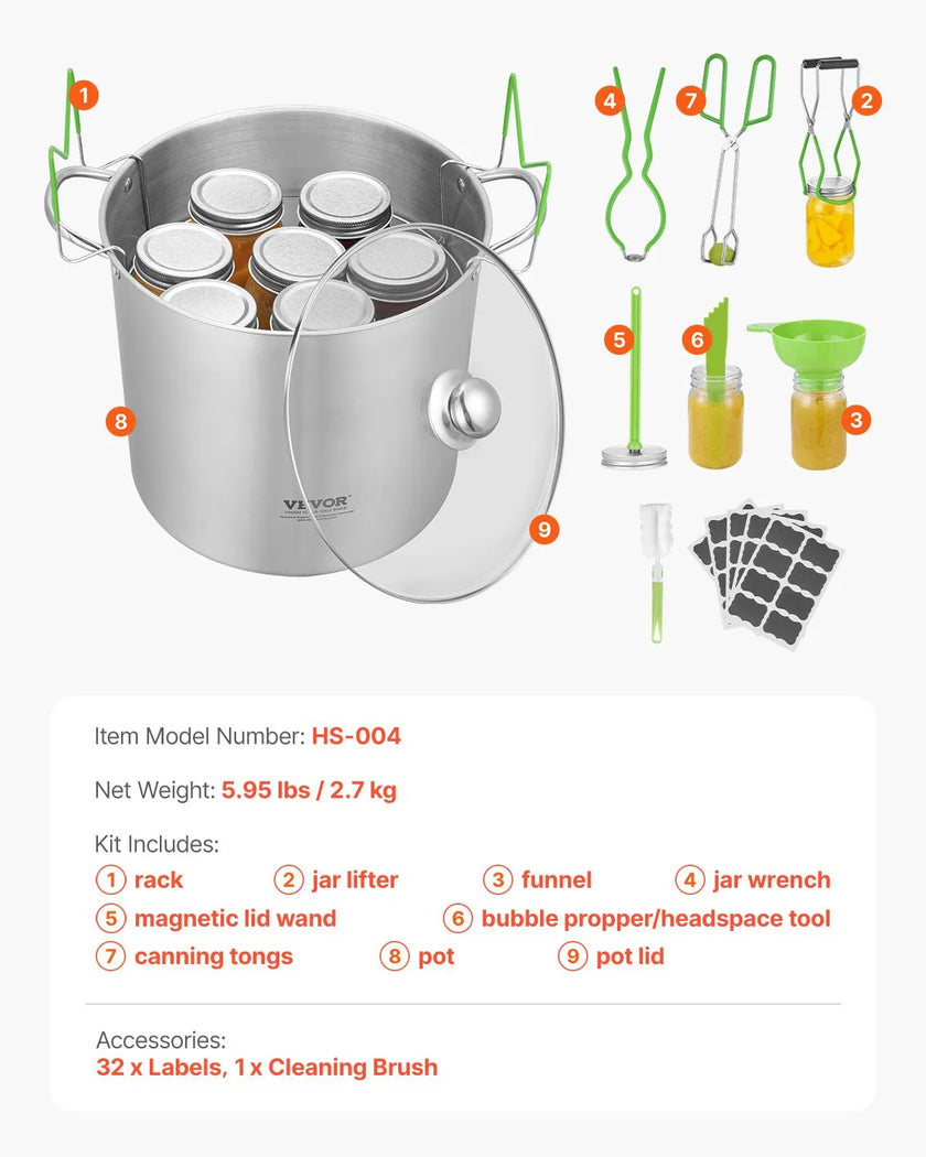VEVOR Canning Supplies Starter Kit 9 PCS Stainless Steel Water Bath Canning Set