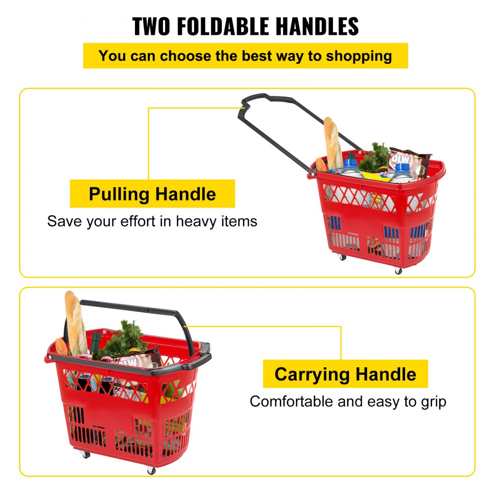 VEVOR 6PCS Shopping Carts, Plastic Rolling Shopping Basket with Wheels, Red Shopping Baskets with Handles, Portable Shopping Basket Set for Retail Store