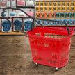 VEVOR 6PCS Shopping Carts, Plastic Rolling Shopping Basket with Wheels, Red Shopping Baskets with Handles, Portable Shopping Basket Set for Retail Store