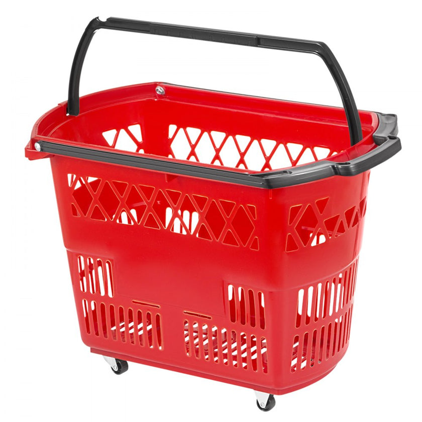 VEVOR 6PCS Shopping Carts, Plastic Rolling Shopping Basket with Wheels, Red Shopping Baskets with Handles, Portable Shopping Basket Set for Retail Store