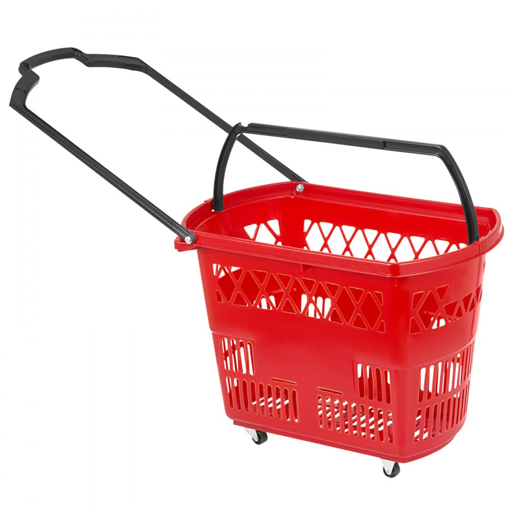 VEVOR 6PCS Shopping Carts, Plastic Rolling Shopping Basket with Wheels, Red Shopping Baskets with Handles, Portable Shopping Basket Set for Retail Store