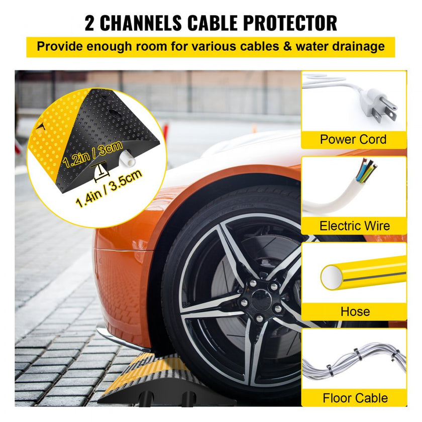 VEVOR  3 Feet Rubber Speed Bump Driveway Modular Heavy Duty Speed Bumps 38.6 x 11.4 x 2.2 Inch 2 Channel Cable Protector Ramp for Garage Gravel Roads Asphalt Concrete