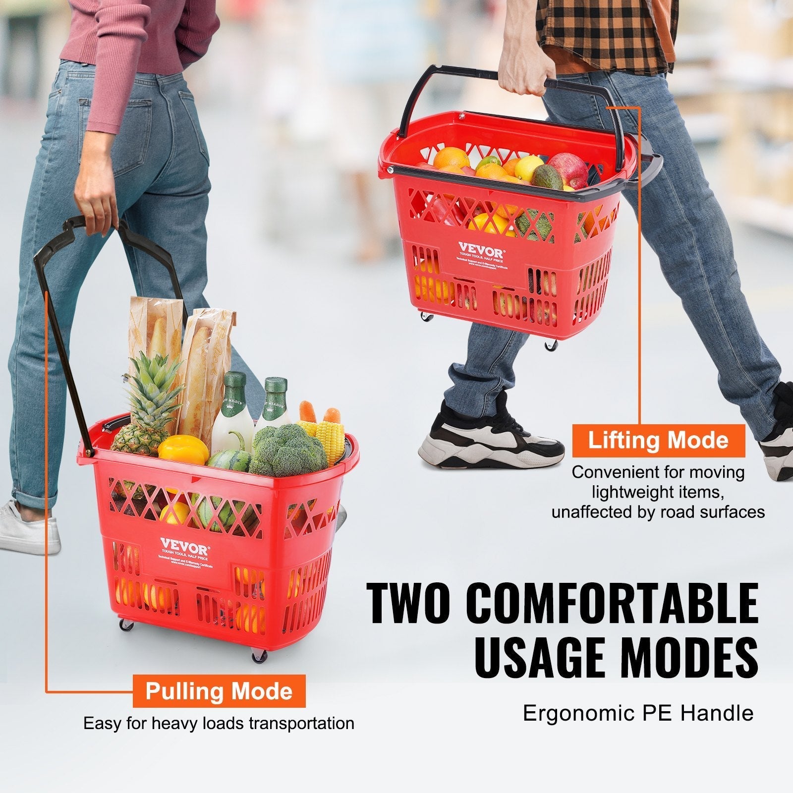 VEVOR Plastic Rolling Shopping Trolley Basket On Wheels 6PCS 39L with Handle Red