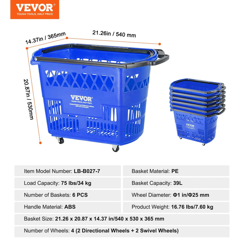 VEVOR Shopping Baskets, 6PCS, 39L Shopping Carts with Handles, Plastic Rolling Shopping Basket with Wheels, Large Portable Shopping Basket Set for Supermarkets, Retail Stores, Grocery Shopping, Blue