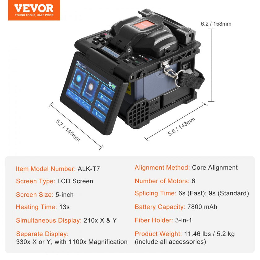 VEVOR Fiber Fusion Splicer 6 Motors Core Alignment with 6s Splicing 13s Heating