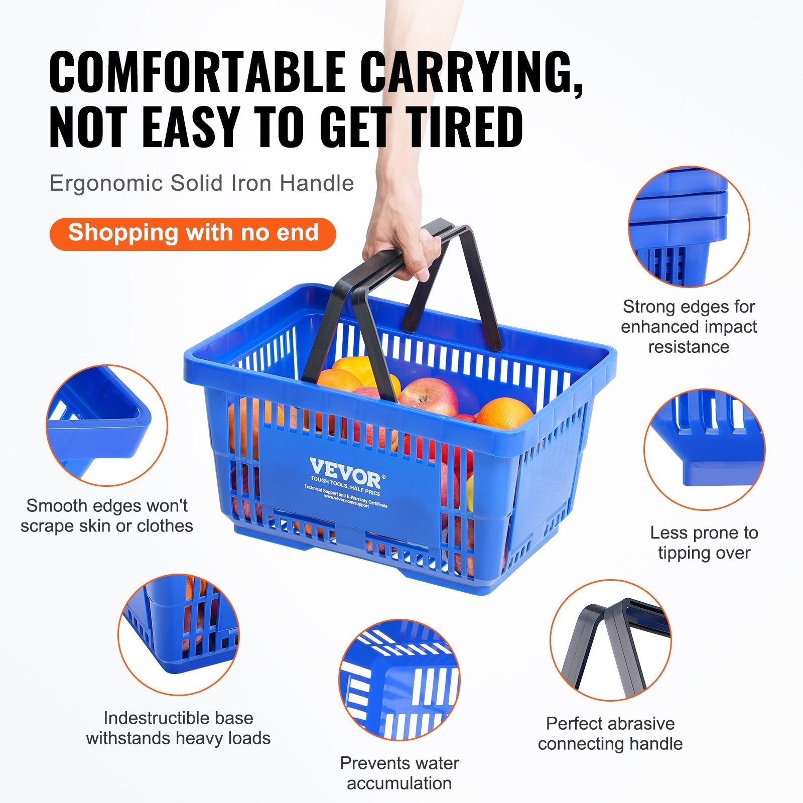 VEVOR Shopping Basket, Set of 12, 24L Durable Plastic Grocery Basket with Handle and Stand, 16.73 x 11.61 x 8.86 inch Portable Shop Basket Bulk Used for Retail Store Supermarket Grocery Shopping, Blue