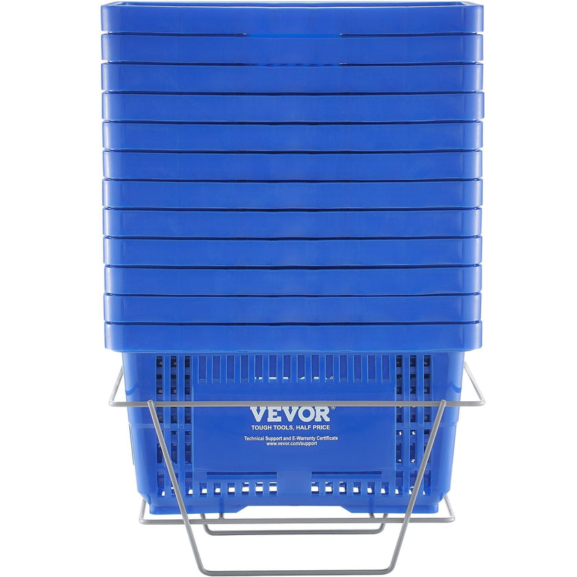 VEVOR Shopping Basket, Set of 12, 24L Durable Plastic Grocery Basket with Handle and Stand, 16.73 x 11.61 x 8.86 inch Portable Shop Basket Bulk Used for Retail Store Supermarket Grocery Shopping, Blue