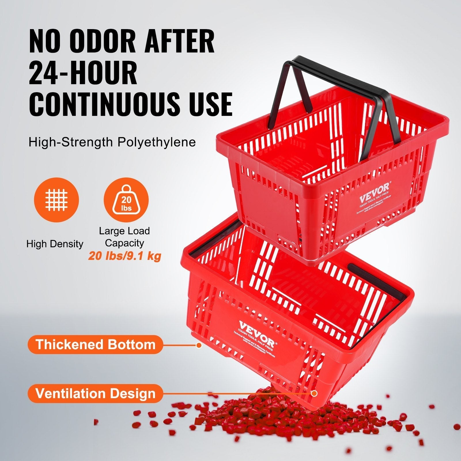 VEVOR Shopping Basket, Set of 12, 24L Durable Plastic Grocery Basket with Handle and Stand, 16.73 x 11.61 x 8.86 inch Portable Shop Basket Bulk Used for Retail Store Supermarket Grocery Shopping, Red