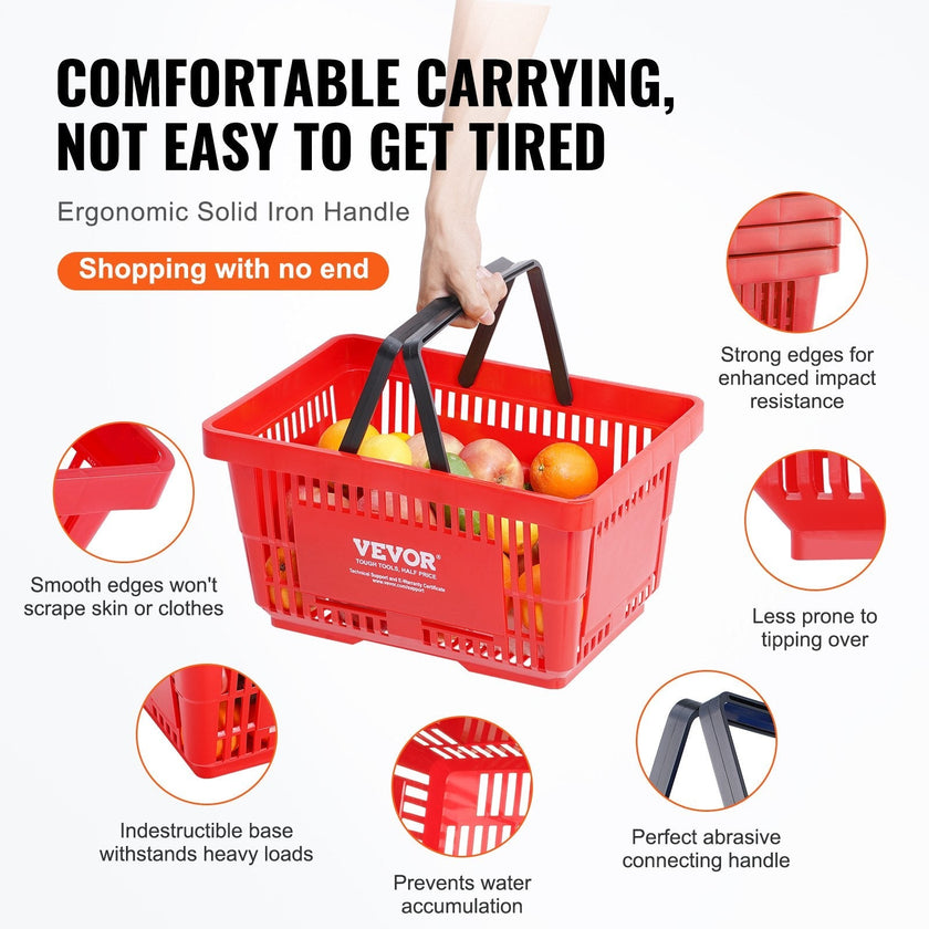 VEVOR Shopping Basket, Set of 12, 24L Durable Plastic Grocery Basket with Handle and Stand, 16.73 x 11.61 x 8.86 inch Portable Shop Basket Bulk Used for Retail Store Supermarket Grocery Shopping, Red