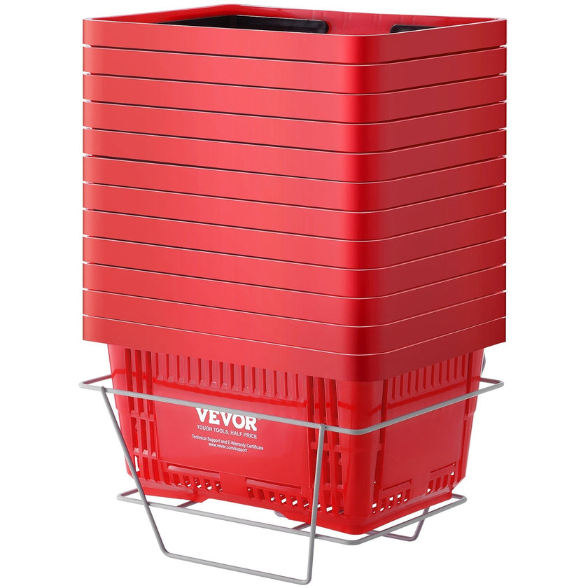 VEVOR Shopping Basket, Set of 12, 24L Durable Plastic Grocery Basket with Handle and Stand, 16.73 x 11.61 x 8.86 inch Portable Shop Basket Bulk Used for Retail Store Supermarket Grocery Shopping, Red
