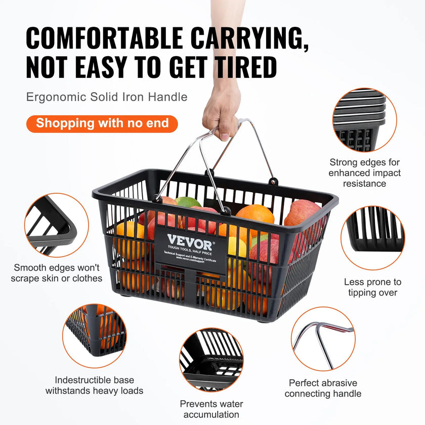 VEVOR Shopping Basket Grocery Basket 12PCS 21L with Iron Handle & Stand Black