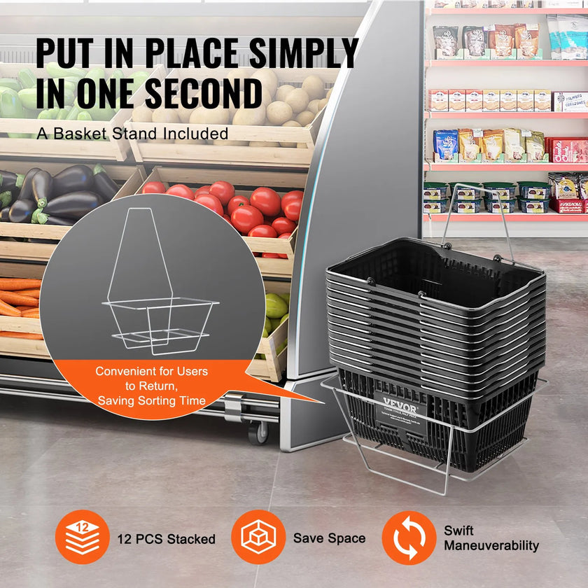 VEVOR Shopping Basket Grocery Basket 12PCS 21L with Iron Handle & Stand Black