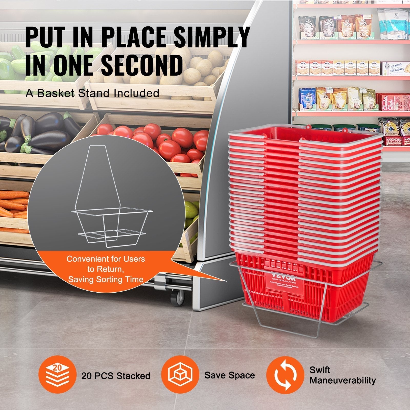VEVOR Shopping Basket Portable Grocery Basket 20PCS 21L with Handle & Stand Red