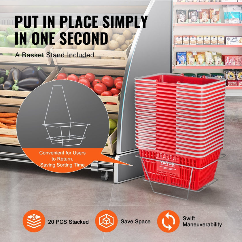 VEVOR Shopping Basket Portable Grocery Basket 20PCS 21L with Handle & Stand Red