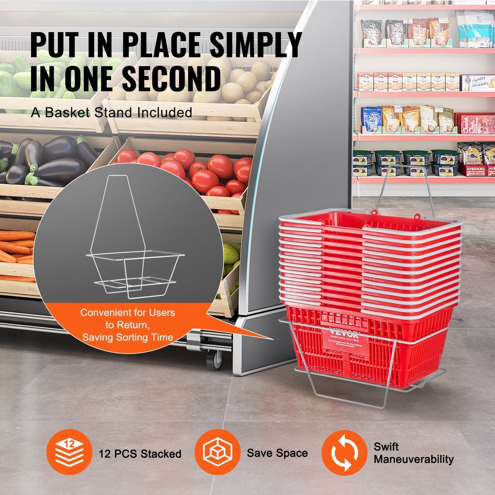 VEVOR Shopping Basket Portable Grocery Basket 12PCS 21L with Handle & Stand Red
