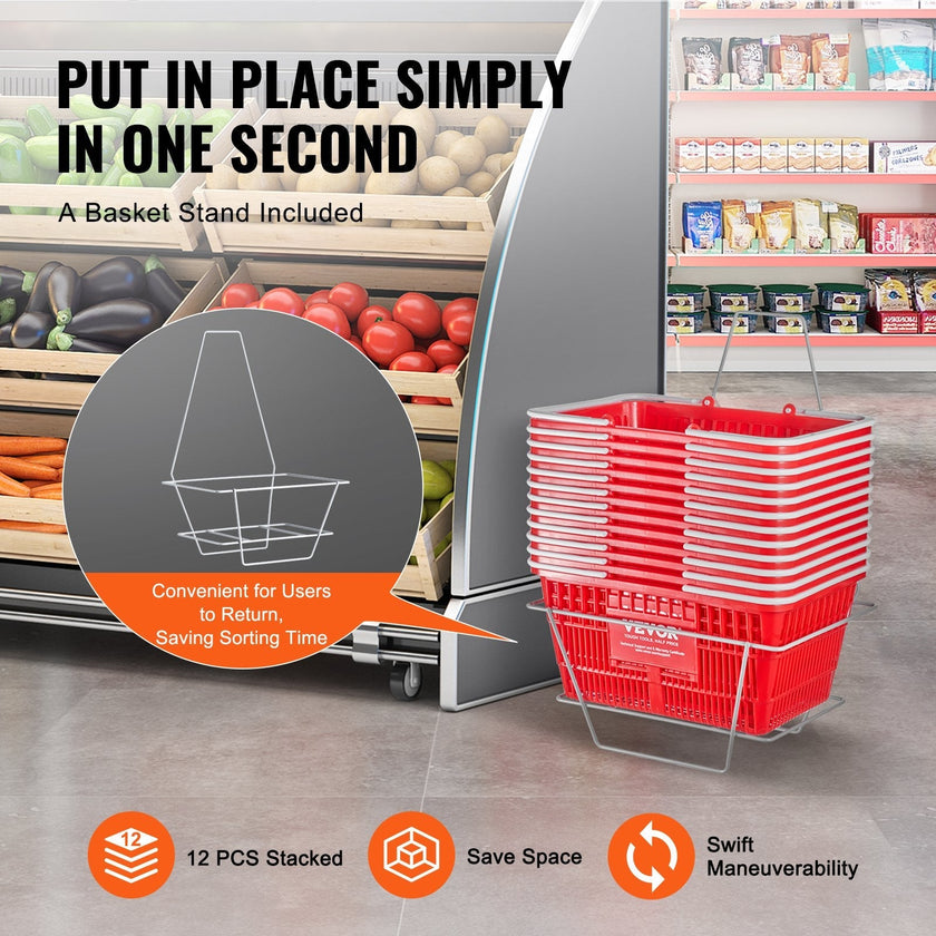 VEVOR Shopping Basket Portable Grocery Basket 12PCS 21L with Handle & Stand Red