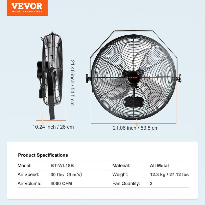 VEVOR Wall Mount Fan, 2 PCS 18 inch Waterproof, 3-speed High Velocity Max. 4000 CFM Industrial Wall Fan for Indoor, Commercial, Residential, Warehouse, Greenhouse, Workshop, Basement, Garage,Black