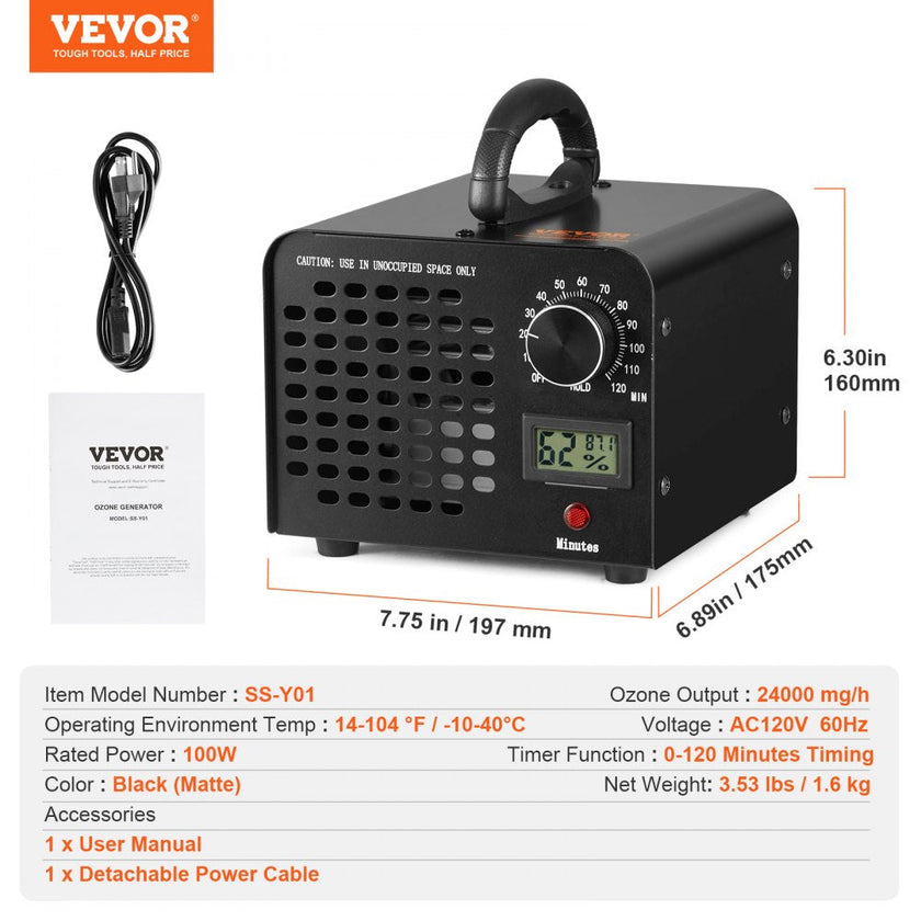 VEVOR Ozone Generator, 24000mg/h Ozone Machine Odor Remover, High Capacity Commercial/Industrial Ozone Generator Machine, Home Air Ionizers Deodorizer with 0-120 min Time Setting for Rooms, Cars, Pets