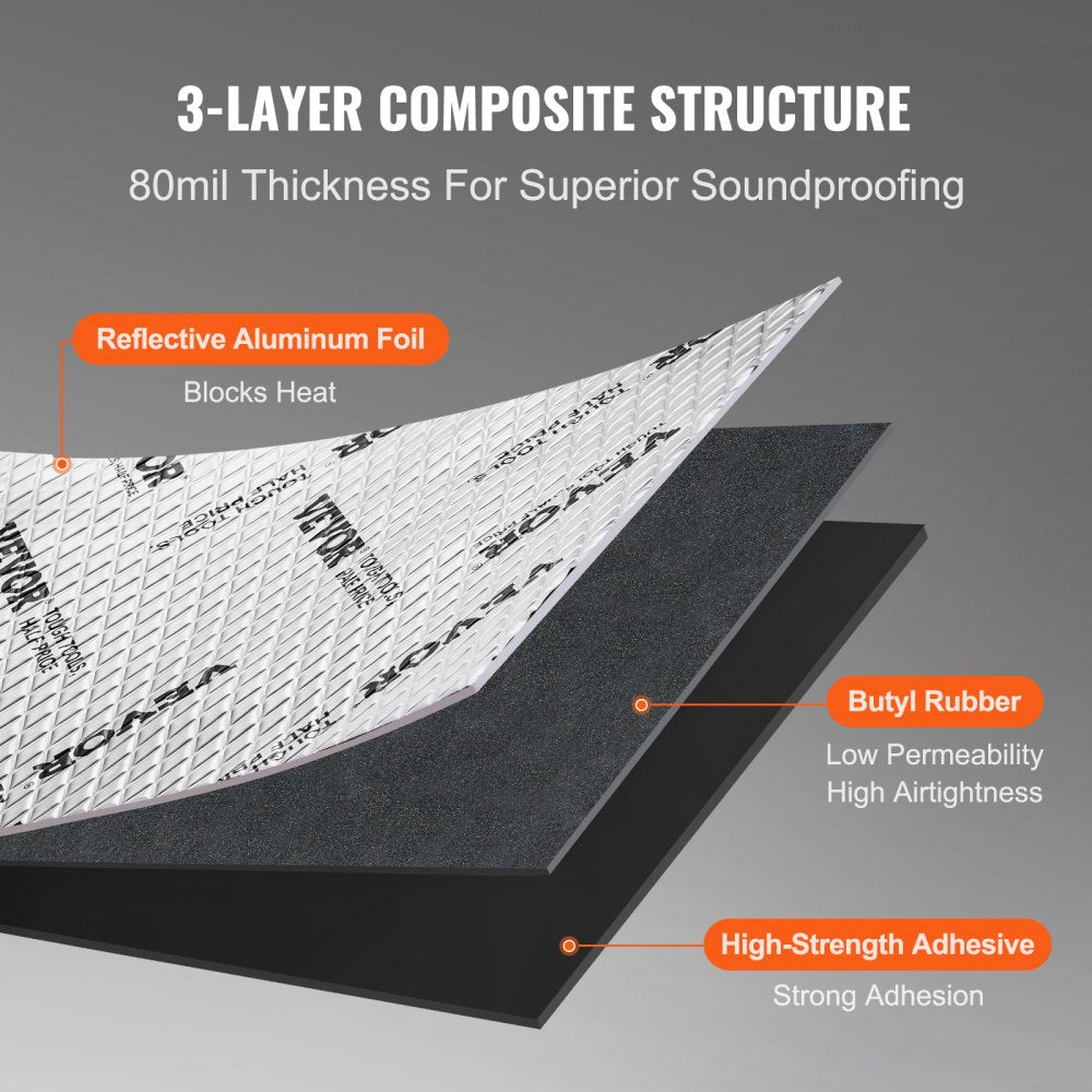 VEVOR Car Sound Deadening Mat, 80 mil 36 sqft Car Sound Dampening Material, Butyl Automotive Sound Deadener, Noise Insulation and Vibration Dampening Material for Car