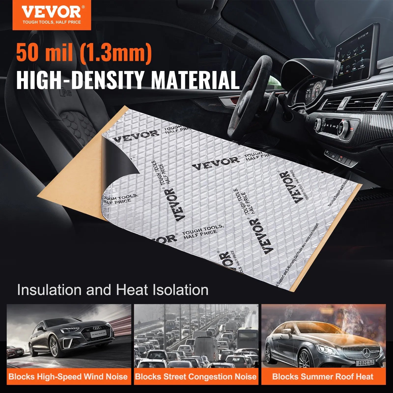 VEVOR Car Sound Deadening Mat, 50 mil 52 sqft Car Sound Dampening Material, Butyl Automotive Sound Deadener, Noise Insulation and Vibration Dampening Material for Car